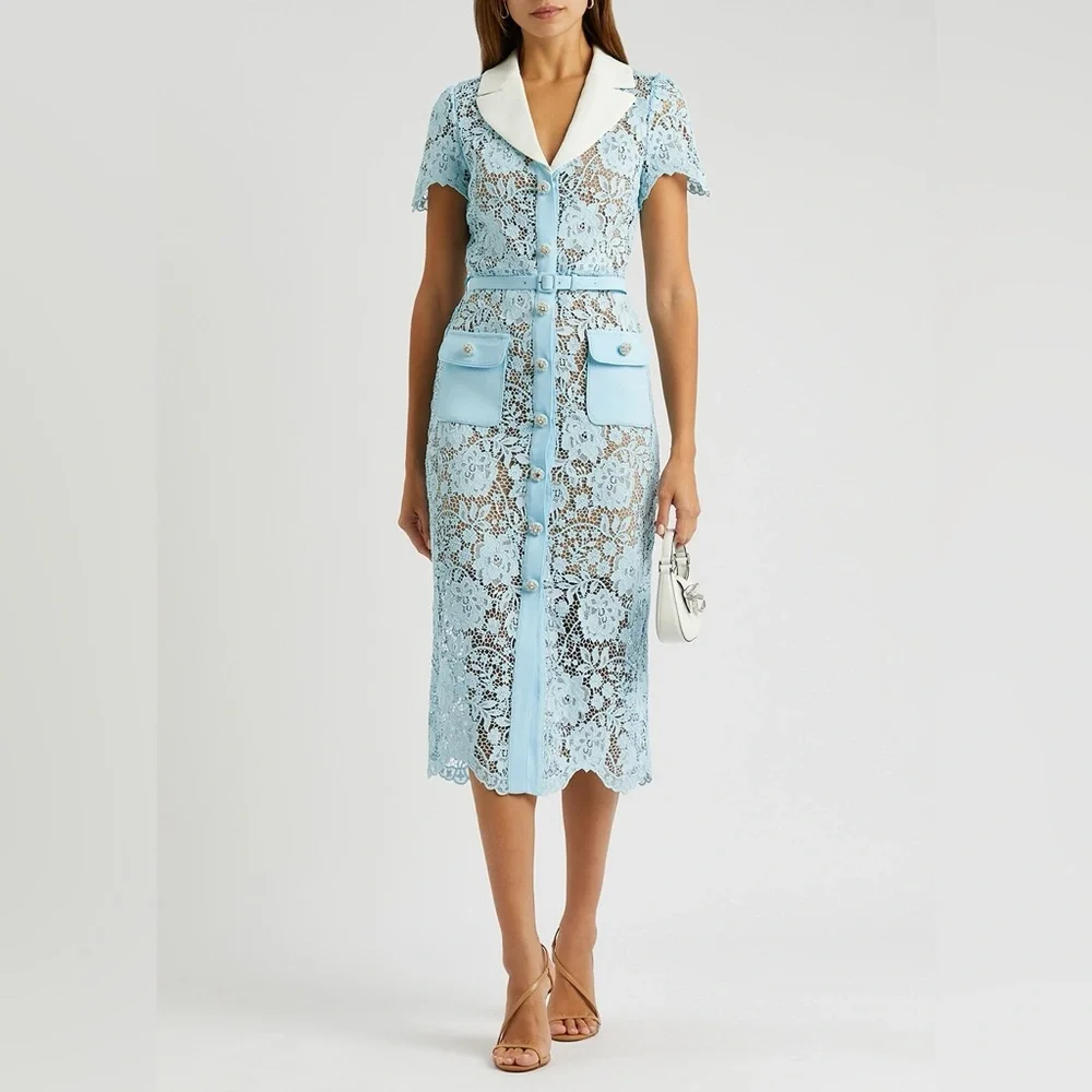 Self-Portrait Blue Lace Embellished Buttons Belted Mini Dress UK8/US4 NWOT - Picture 2 of 11